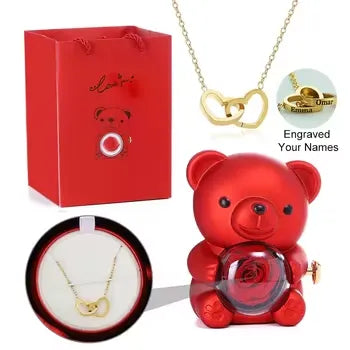 Preserved Rose Bear Necklace/Ring Gift Box