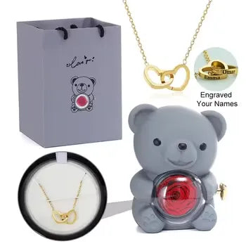 Preserved Rose Bear Necklace/Ring Gift Box