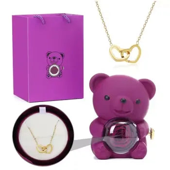 Preserved Rose Bear Necklace/Ring Gift Box