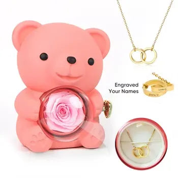 Preserved Rose Bear Necklace/Ring Gift Box