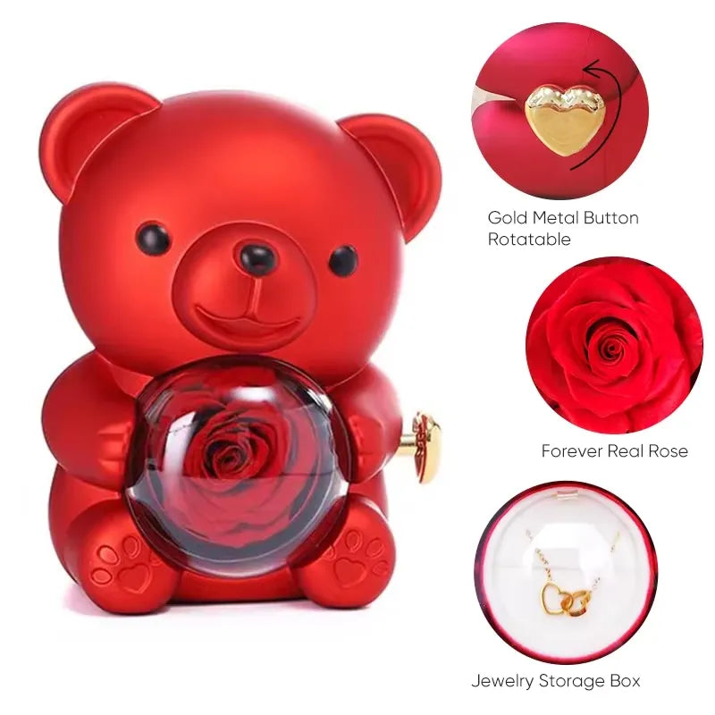 Preserved Rose Bear Necklace/Ring Gift Box