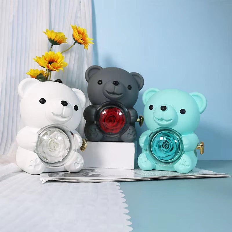 Teddy Bear Rose Ring Necklace Jewelry Box